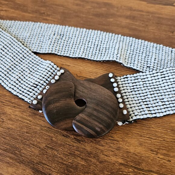 Vintage Wood Buckle White Beaded Stretch Belt Wide Cinched Waist Boho Gypsy M/L - Picture 1 of 6